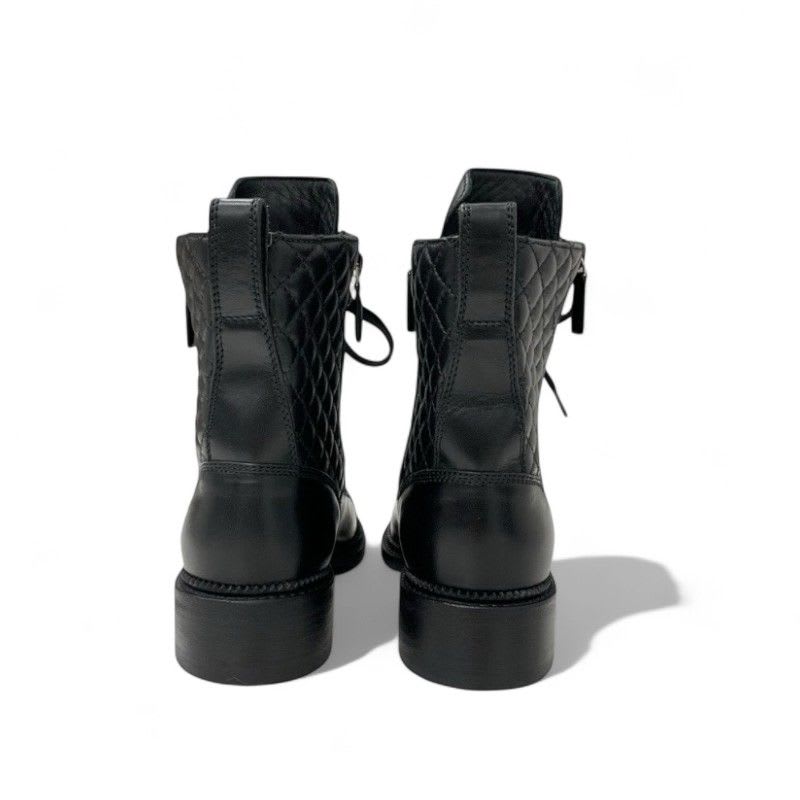 Chanel Boots Short Shoes Leather Black Quilted Lace Up Coco Mark — view 5