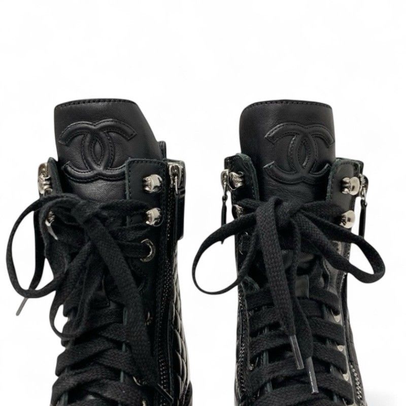 Chanel Boots Short Shoes Leather Black Quilted Lace Up Coco Mark — view 9