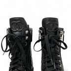 Chanel Boots Short Shoes Leather Black Quilted Lace Up Coco Mark — view 9