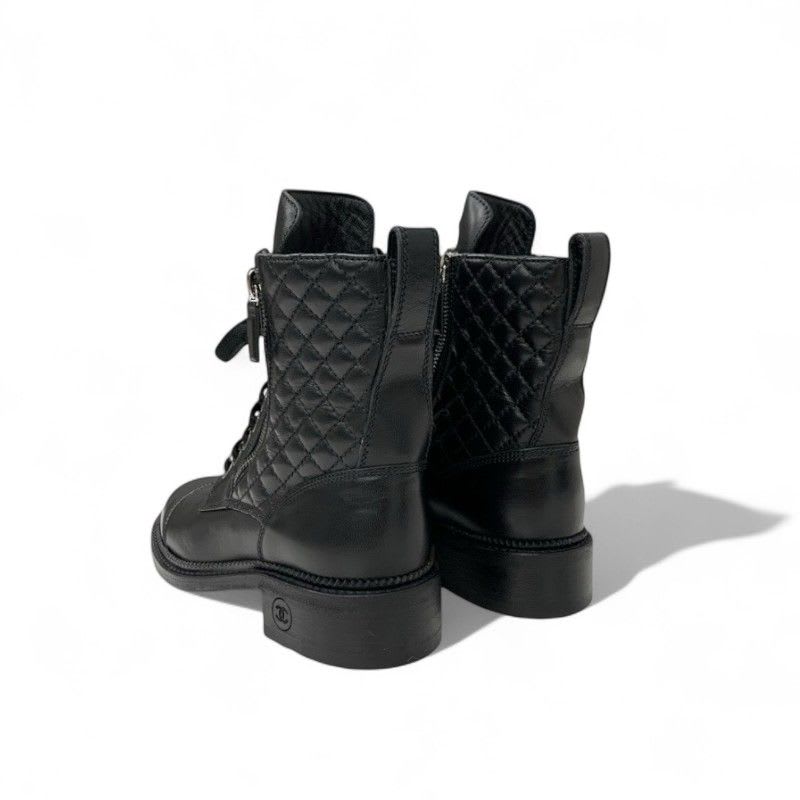 Chanel Boots Short Shoes Leather Black Quilted Lace Up Coco Mark — view 4