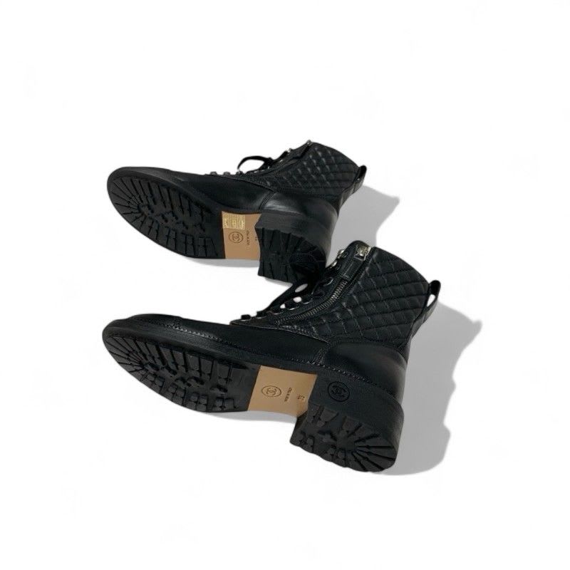 Chanel Boots Short Shoes Leather Black Quilted Lace Up Coco Mark — view 6