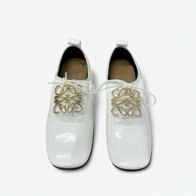 Loewe Flat Shoes Patent White Gold Anagram Soft Derby Lace Up — view 2