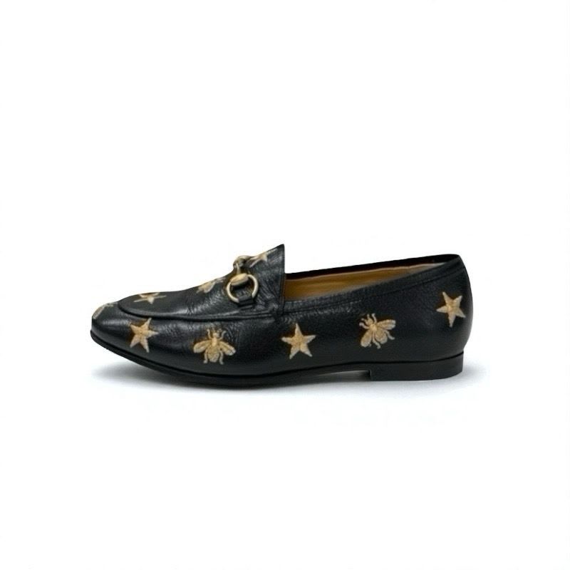 Gucci Loafer Leather Shoes Black Gold Horsebit Star Bee Embroidery — view 3