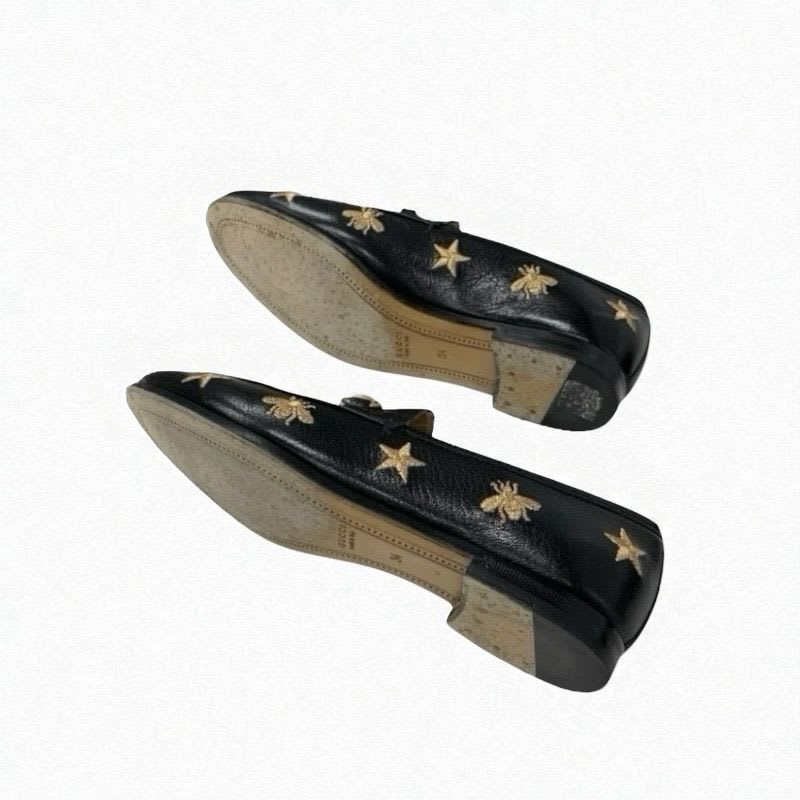 Gucci Loafer Leather Shoes Black Gold Horsebit Star Bee Embroidery — view 6