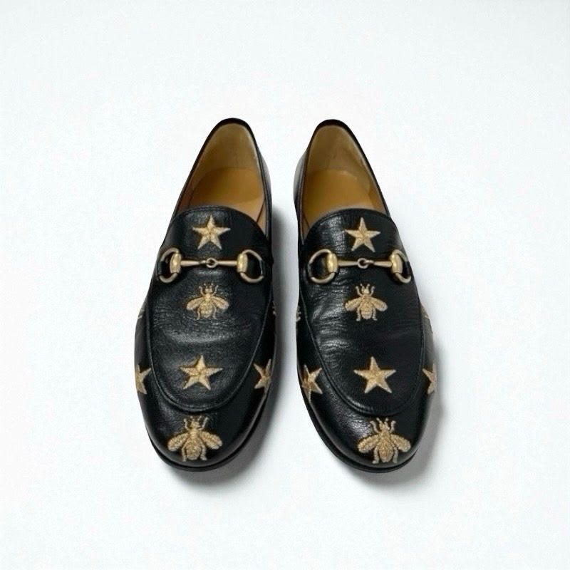 Gucci Loafer Leather Shoes Black Gold Horsebit Star Bee Embroidery — view 2