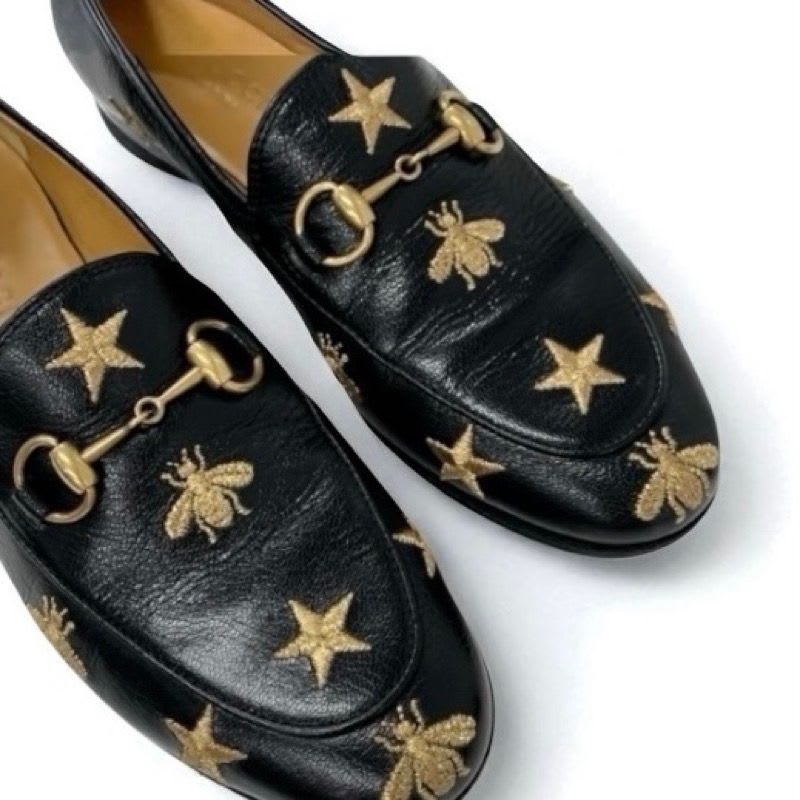Gucci Loafer Leather Shoes Black Gold Horsebit Star Bee Embroidery — view 9
