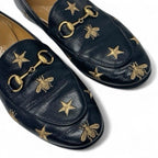 Gucci Loafer Leather Shoes Black Gold Horsebit Star Bee Embroidery Flat — view 9