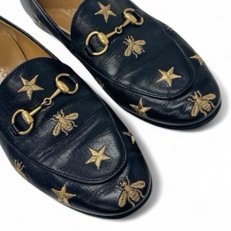 Gucci Loafer Leather Shoes Black Gold Horsebit Star Bee Embroidery Flat — view 9