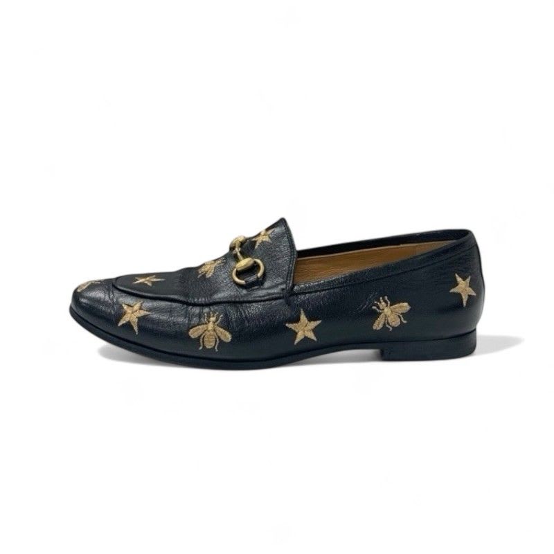 Gucci Loafer Leather Shoes Black Gold Horsebit Star Bee Embroidery Flat — view 3