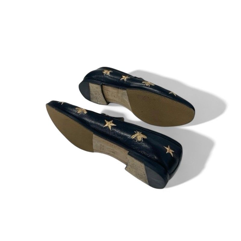 Gucci Loafer Leather Shoes Black Gold Horsebit Star Bee Embroidery Flat — view 6