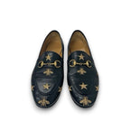 Gucci Loafer Leather Shoes Black Gold Horsebit Star Bee Embroidery Flat — view 2