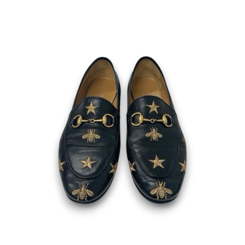 Gucci Loafer Leather Shoes Black Gold Horsebit Star Bee Embroidery Flat — view 2