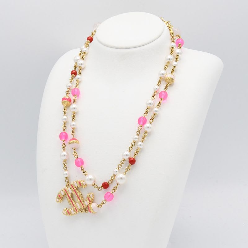 Chanel Necklace A24 Coco Mark Faux Pearl Color Stone Pink Accessory Box — view 4