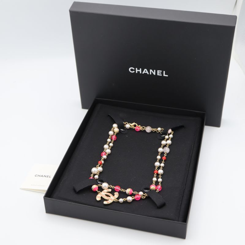 Chanel Necklace A24 Coco Mark Faux Pearl Color Stone Pink Accessory Box — view 7