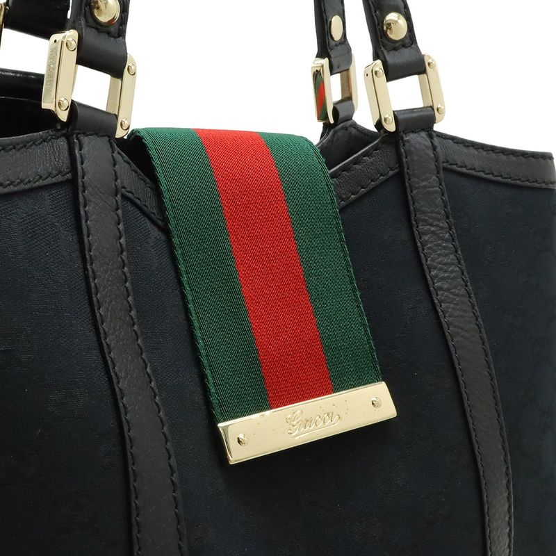 Gucci GG Canvas Sherry Line Tote Shoulder Bag Leather Black Green Red — view 7