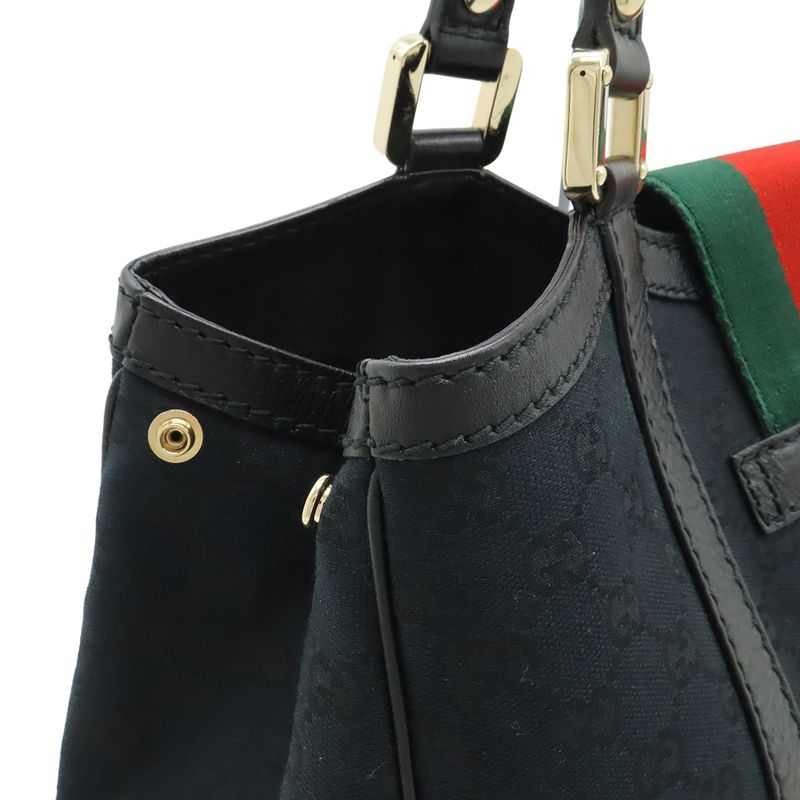 Gucci GG Canvas Sherry Line Tote Shoulder Bag Leather Black Green Red — view 6