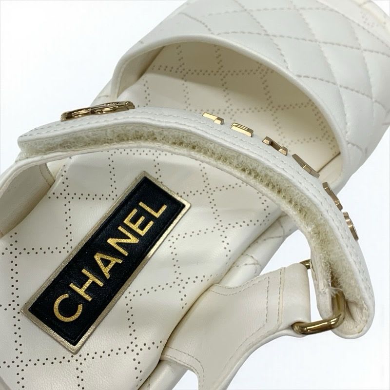Chanel Sandals Shoes Leather White Gold Quilted Coco Mark Logo Velcro — view 7
