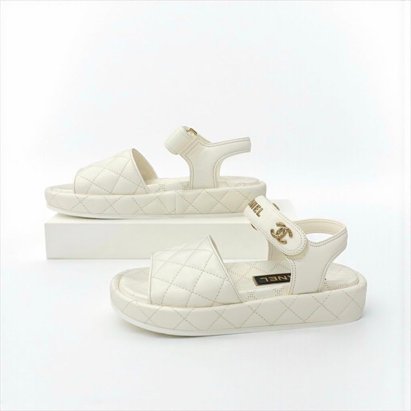 Chanel Sandals Shoes Leather White Gold Quilted Coco Mark Logo Velcro — view 3