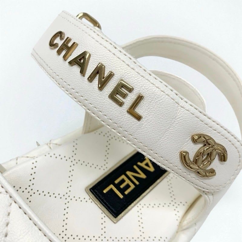 Chanel Sandals Shoes Leather White Gold Quilted Coco Mark Logo Velcro — view 9