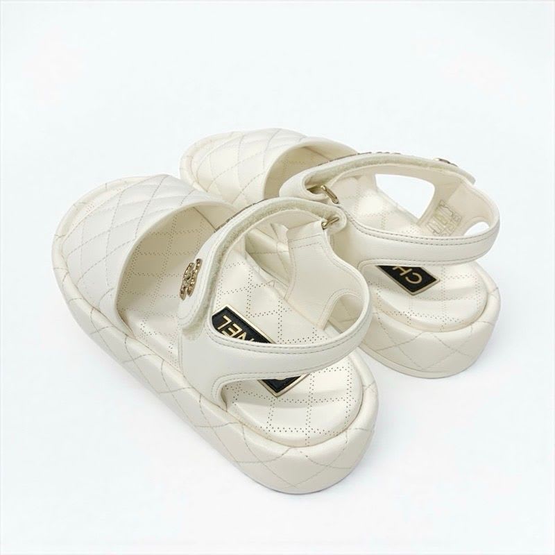 Chanel Sandals Shoes Leather White Gold Quilted Coco Mark Logo Velcro — view 4