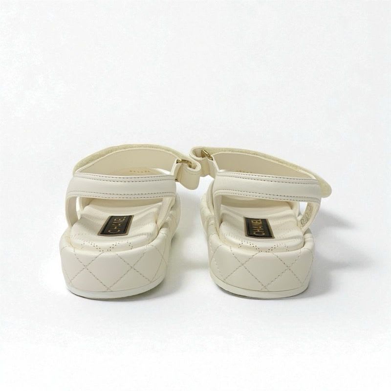 Chanel Sandals Shoes Leather White Gold Quilted Coco Mark Logo Velcro — view 5