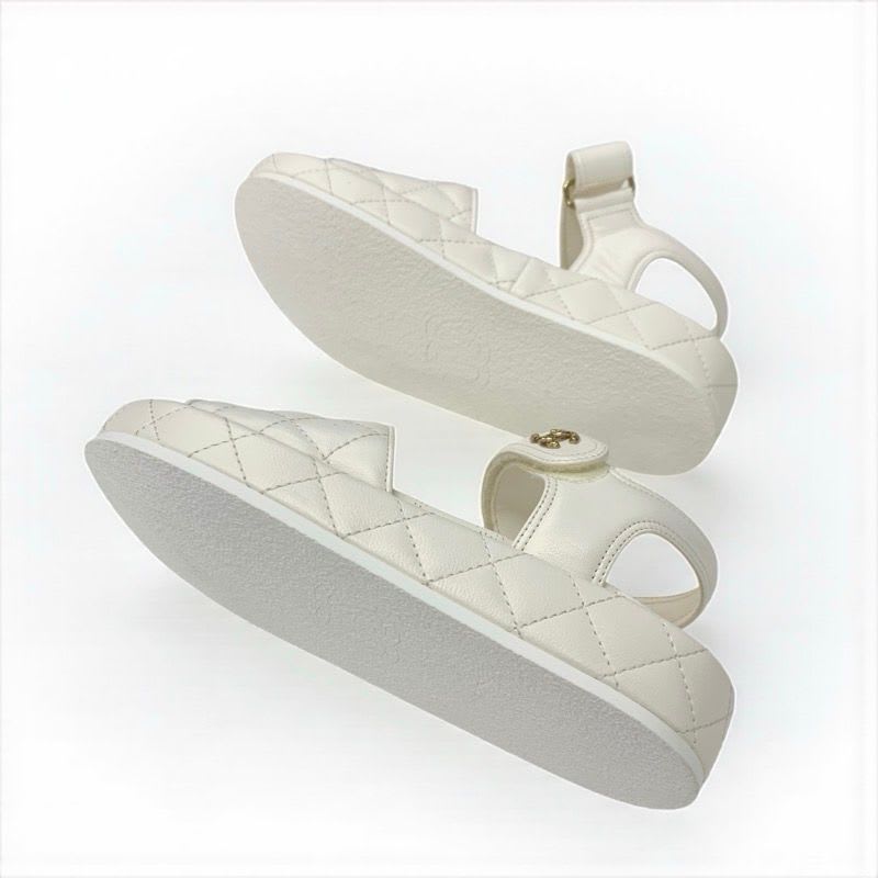 Chanel Sandals Shoes Leather White Gold Quilted Coco Mark Logo Velcro — view 6