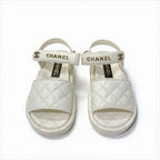 Chanel Sandals Shoes Leather White Gold Quilted Coco Mark Logo Velcro — view 2