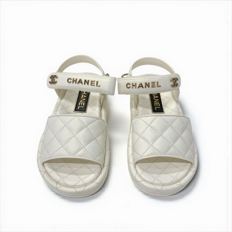 Chanel Sandals Shoes Leather White Gold Quilted Coco Mark Logo Velcro — view 2