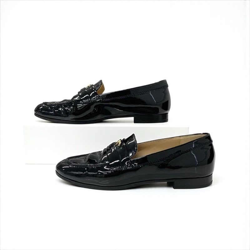 Chanel Loafer Leather Shoes Enamel Black Gold Coco Mark — view 3