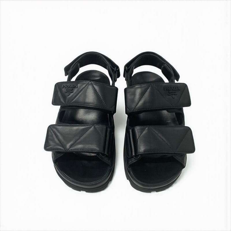 Prada Sandals Shoes Leather Black Logo Padded Nappa Velcro — view 2