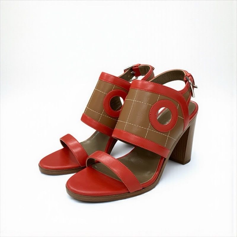 Hermes Blinker Sandals Shoes Leather Red Brown Strap — view 3