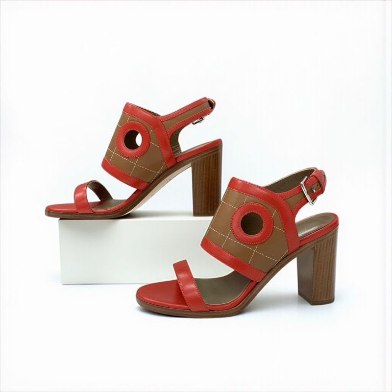 Hermes Blinker Sandals Shoes Leather Red Brown Strap — view 2