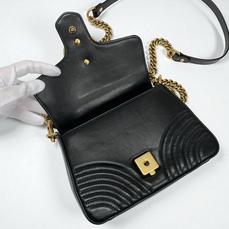 Gucci Bag Shoulder Black Gold GG Marmont Mini Top Handle 2-Way Handbag