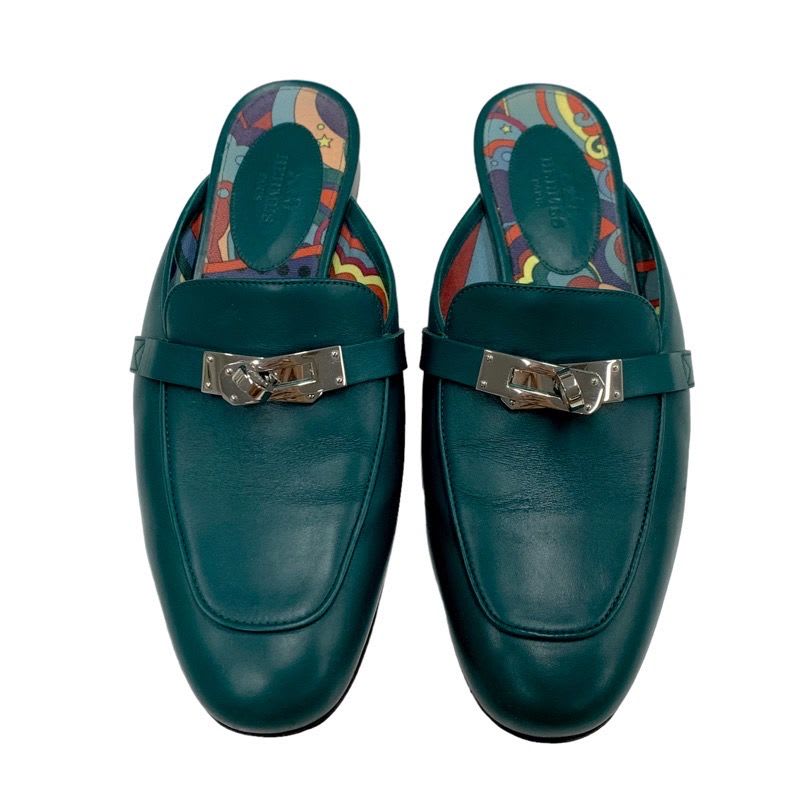 Hermes Oz Flat Shoes Leather Green Silver Mule Slipper Sandals Kelly Hardware — view 2
