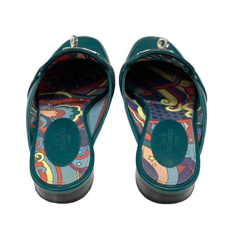 Hermes Oz Flat Shoes Leather Green Silver Mule Slipper Sandals Kelly Hardware — view 5