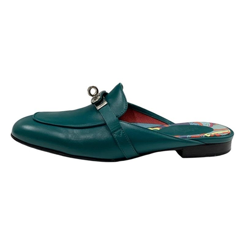 Hermes Oz Flat Shoes Leather Green Silver Mule Slipper Sandals Kelly Hardware — view 3