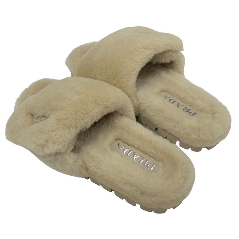Prada Flat Sandals Shoes Sheep Fur Beige Mules Logo Plate — view 4