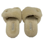 Prada Flat Sandals Shoes Sheep Fur Beige Mules Logo Plate — view 5