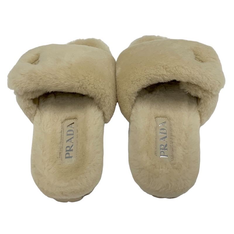 Prada Flat Sandals Shoes Sheep Fur Beige Mules Logo Plate — view 5