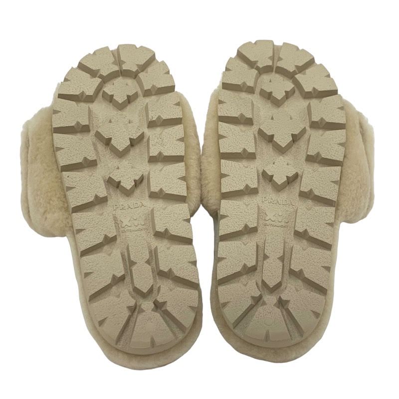 Prada Flat Sandals Shoes Sheep Fur Beige Mules Logo Plate — view 6