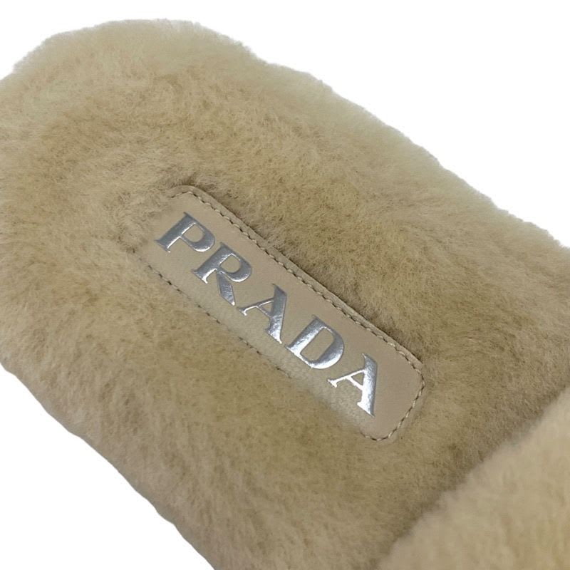 Prada Flat Sandals Shoes Sheep Fur Beige Mules Logo Plate — view 7