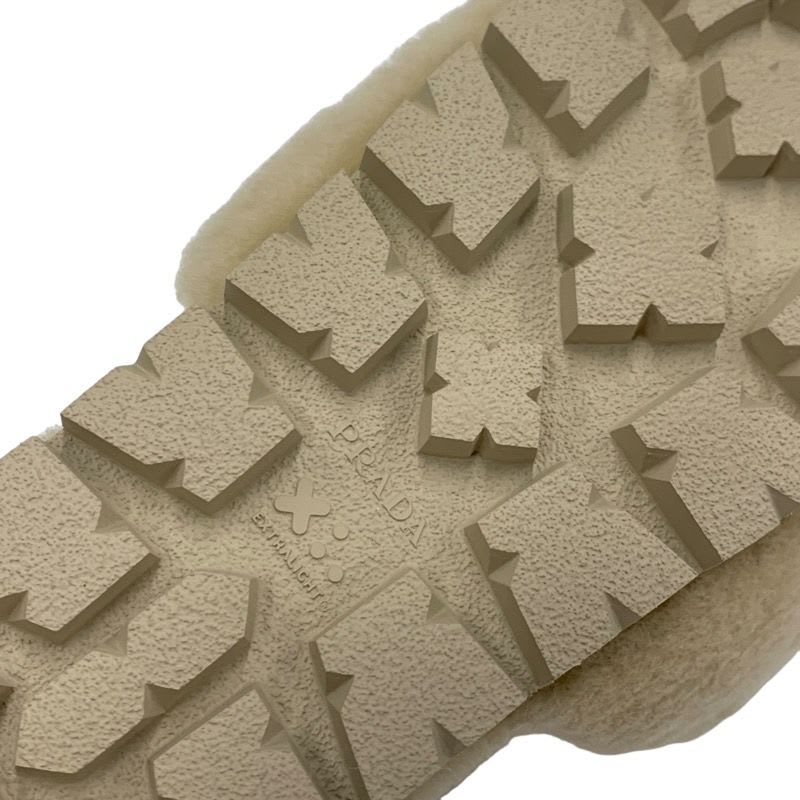 Prada Flat Sandals Shoes Sheep Fur Beige Mules Logo Plate — view 8