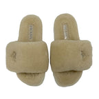 Prada Flat Sandals Shoes Sheep Fur Beige Mules Logo Plate — view 2