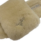 Prada Flat Sandals Shoes Sheep Fur Beige Mules Logo Plate — view 9