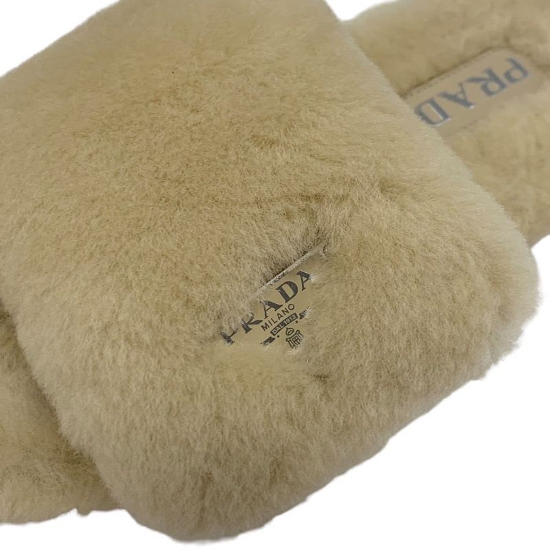 Prada Flat Sandals Shoes Sheep Fur Beige Mules Logo Plate — view 9