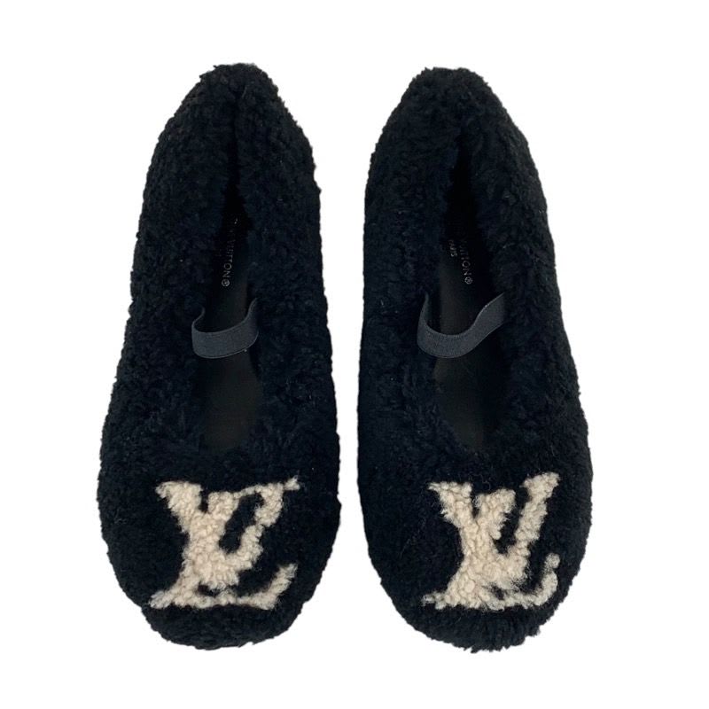 Louis Vuitton Poppy Line Flat Shoes Shearling Black Beige Ballet — view 3