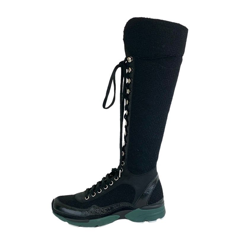 Chanel Boots Long Shoes Tweed Leather Black Lace Up Coco Mark Lame — view 3