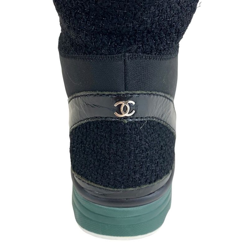 Chanel Boots Long Shoes Tweed Leather Black Lace Up Coco Mark Lame — view 8
