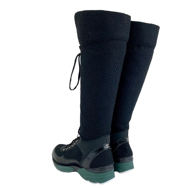 Chanel Boots Long Shoes Tweed Leather Black Lace Up Coco Mark Lame — view 4