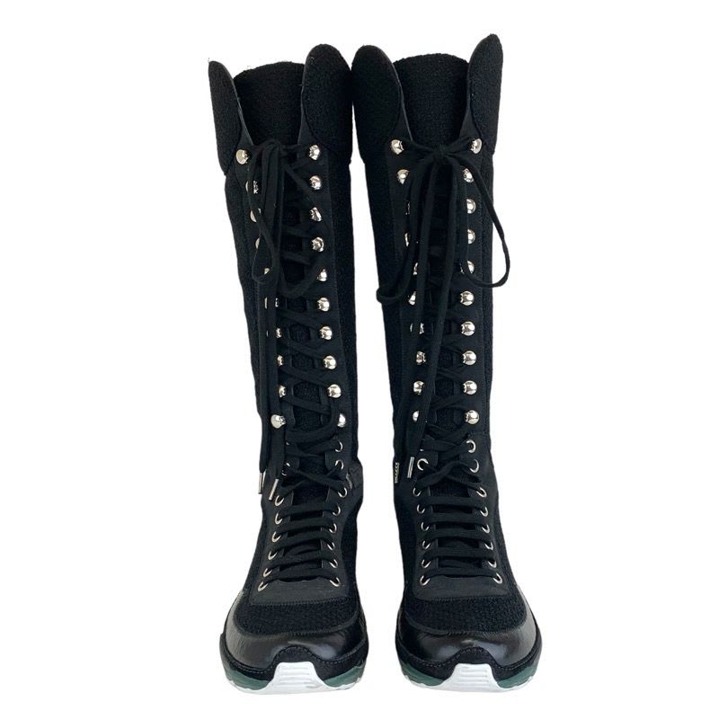 Chanel Boots Long Shoes Tweed Leather Black Lace Up Coco Mark Lame — view 2